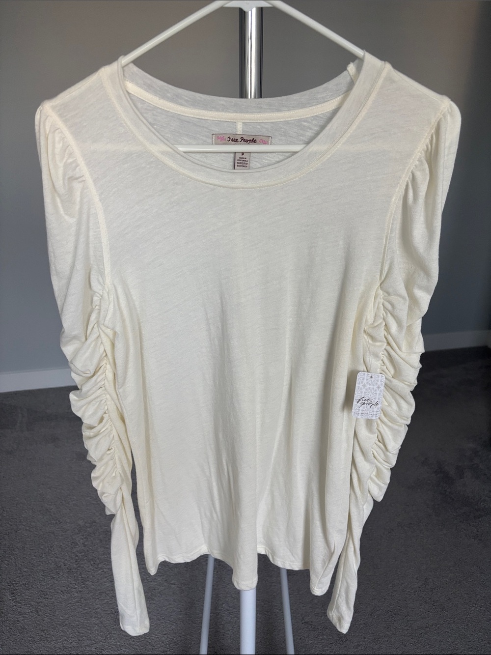 Free People Ivory Ruched Long Sleeve Top